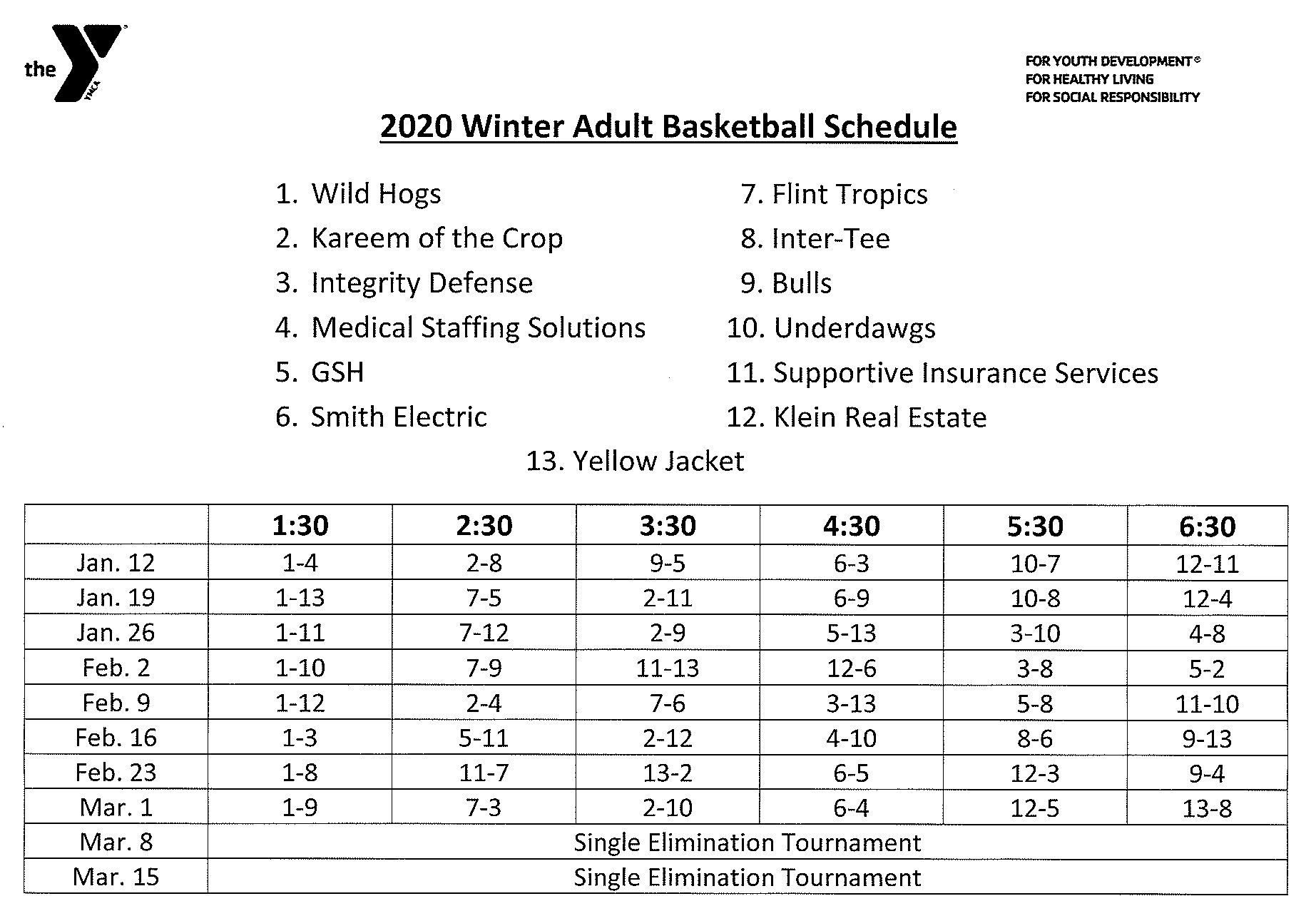 Corrected Adult Basketball Schedule 2020 – The YMCA of Vincennes